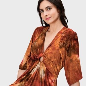 WAYWARD FANCIES eShakti Plunge Tie-Dye Print Knit Curved Hem Dress Size 10